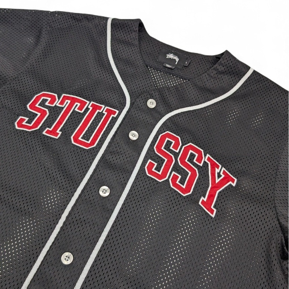 Stussy Mesh Baseball‎ Jersey Mens Large Black Spell out Logo Streetwear
